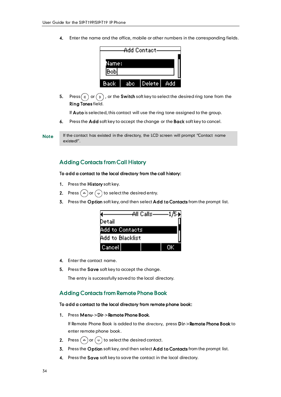 Adding contacts from call history, Adding contacts from remote phone book | Yealink SIP-T19 User Manual | Page 44 / 126