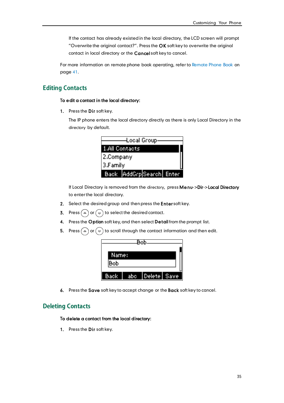 Editing contacts, Deleting contacts | Yealink SIP-T19 User Manual | Page 45 / 126