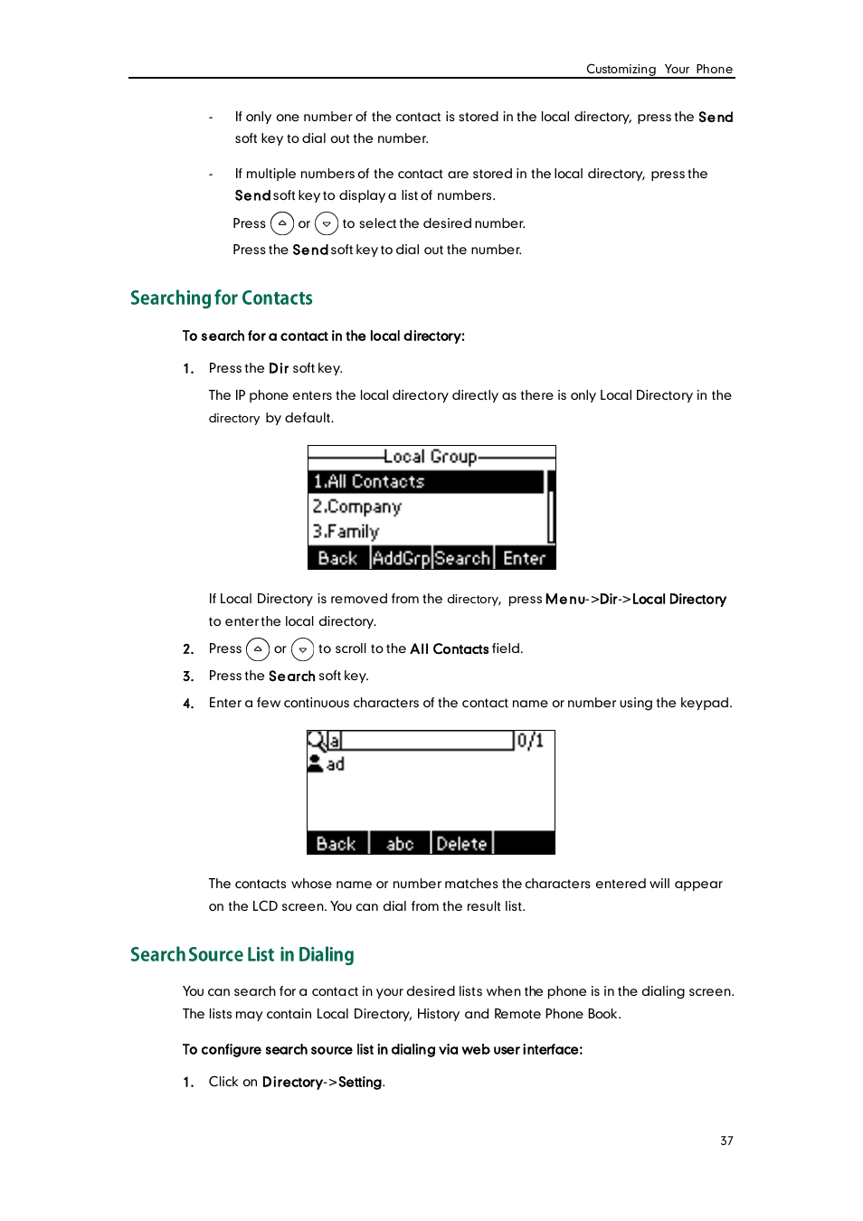 Searching for contacts, Search source list in dialing | Yealink SIP-T19 User Manual | Page 47 / 126