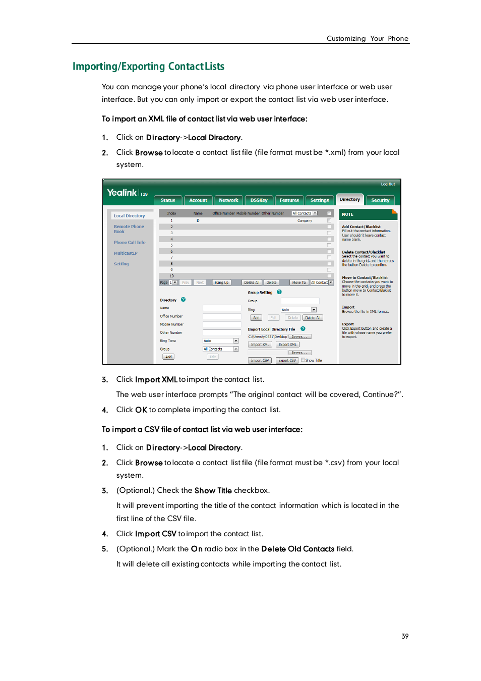 Importing/exporting contact lists | Yealink SIP-T19 User Manual | Page 49 / 126