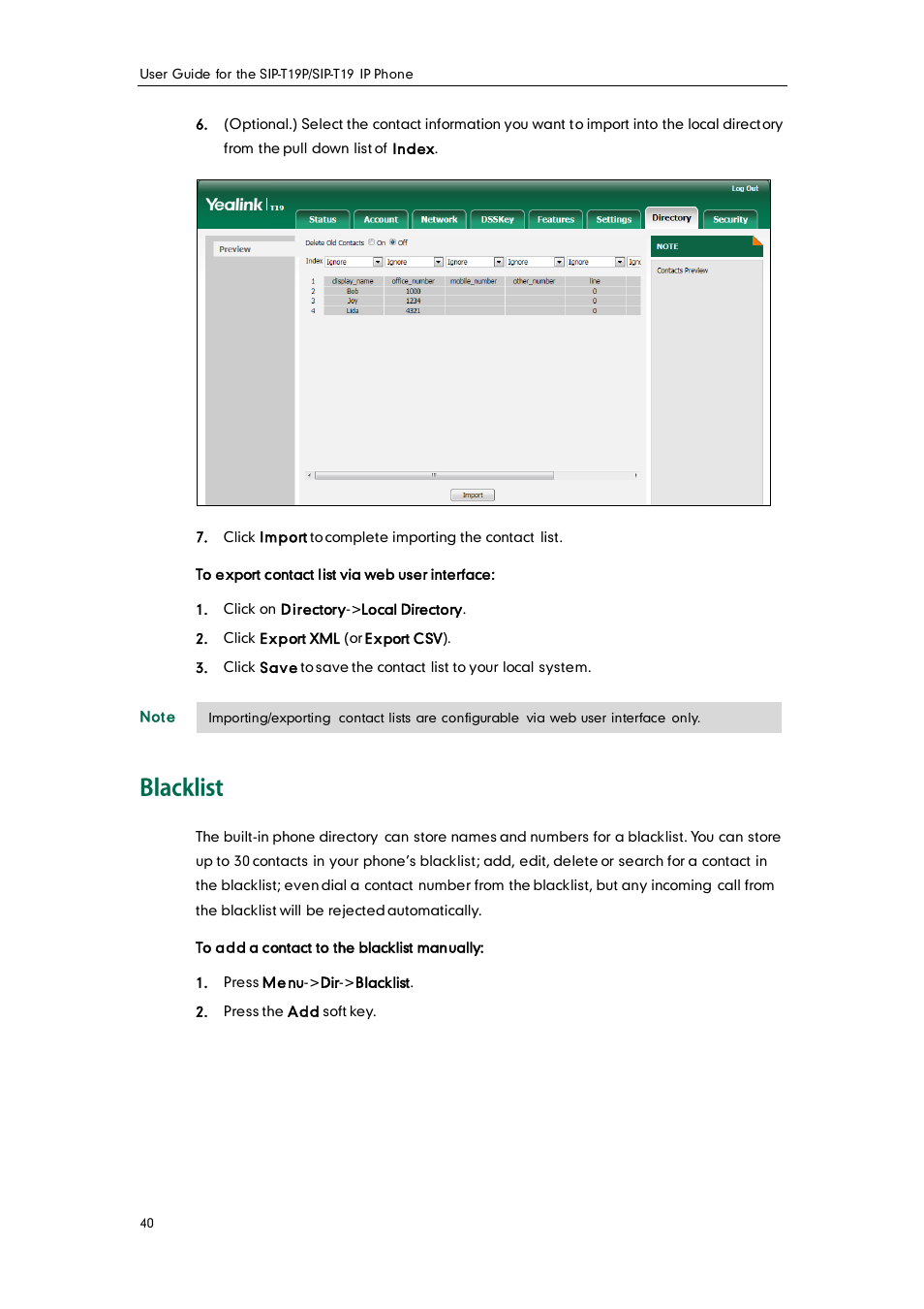 Blacklist | Yealink SIP-T19 User Manual | Page 50 / 126