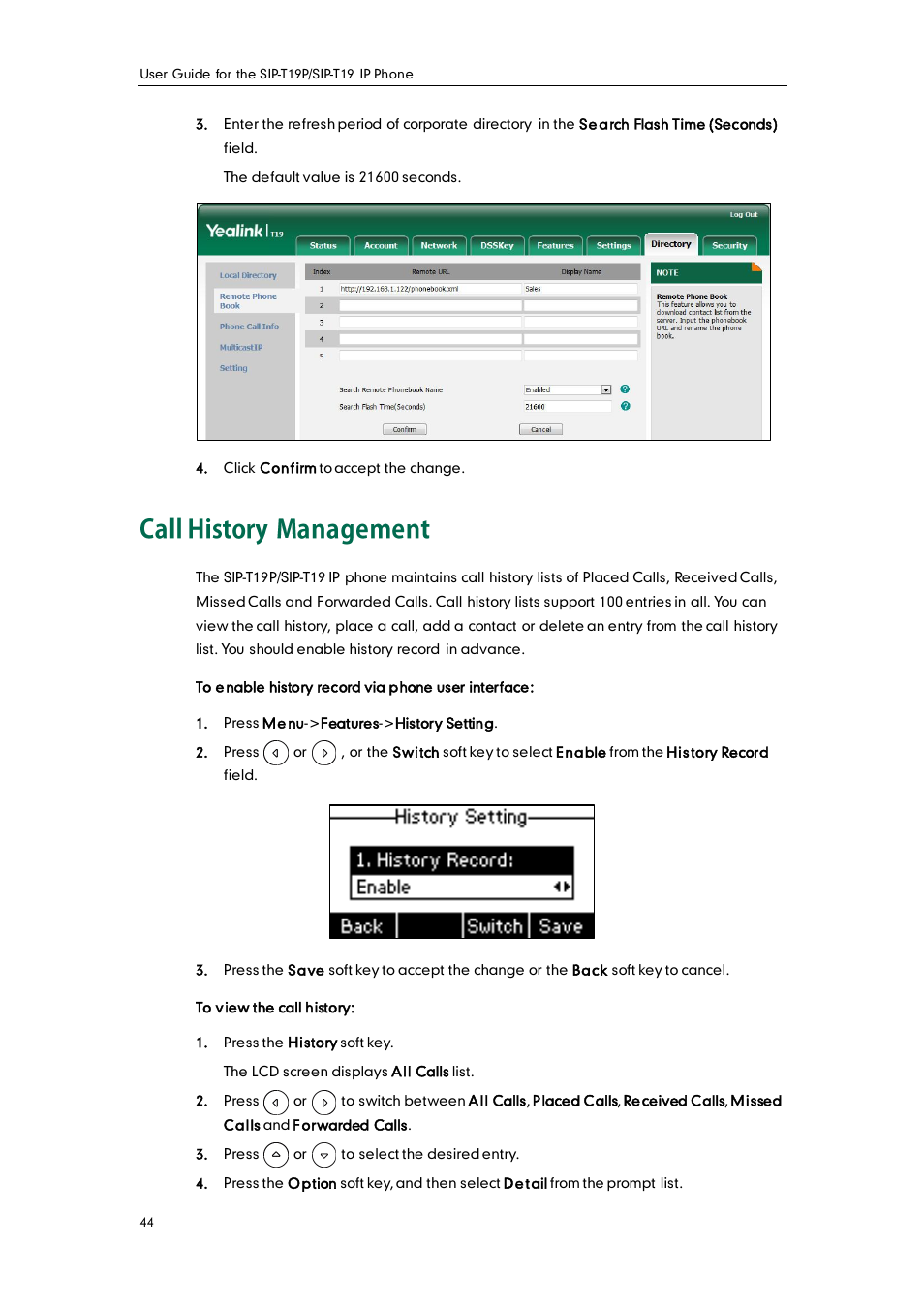 Call history management | Yealink SIP-T19 User Manual | Page 54 / 126