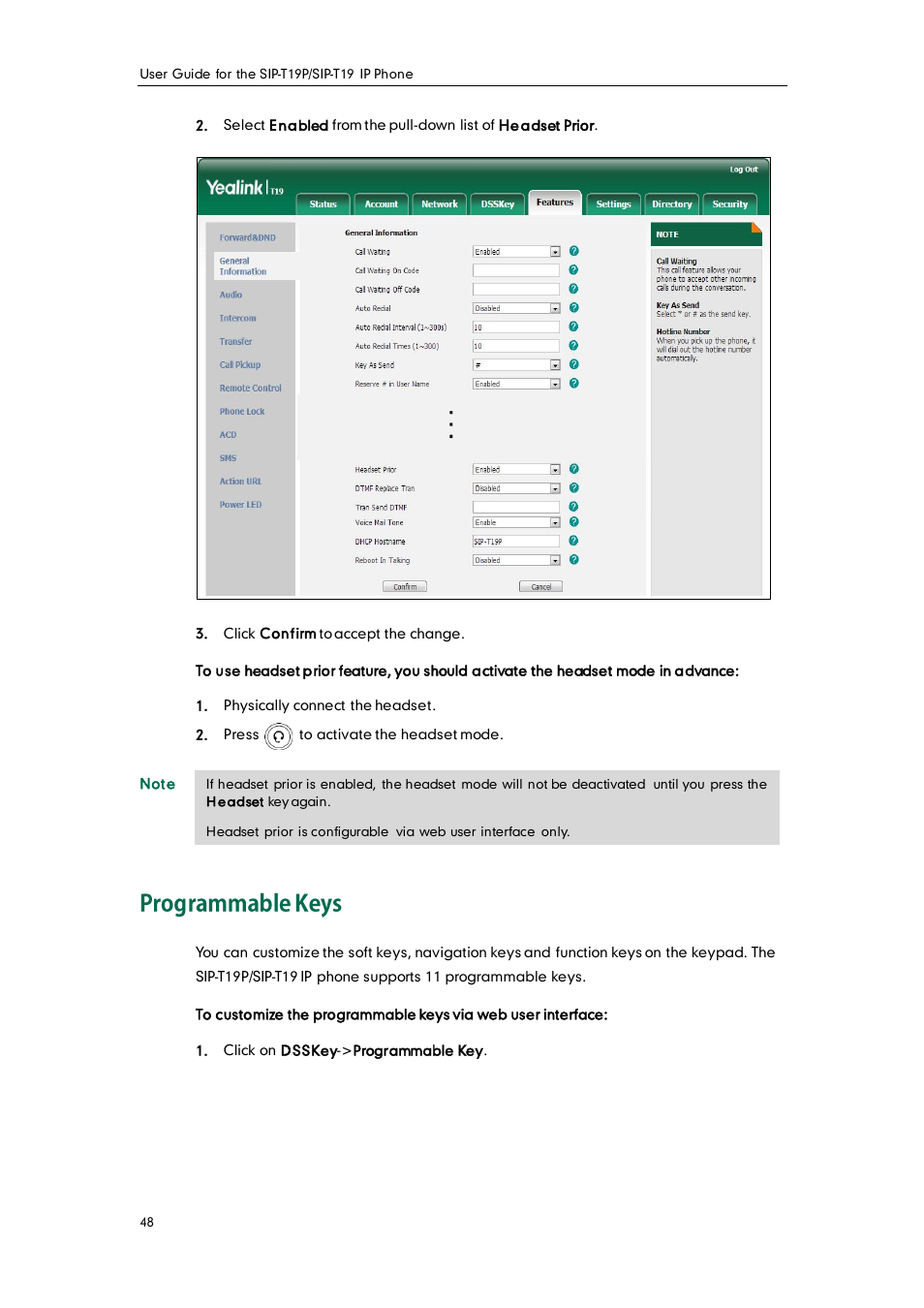 Programmable keys | Yealink SIP-T19 User Manual | Page 58 / 126