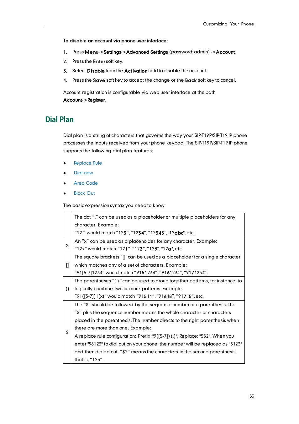 Dial plan | Yealink SIP-T19 User Manual | Page 63 / 126
