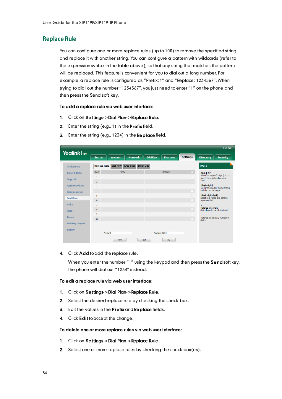 Replace rule | Yealink SIP-T19 User Manual | Page 64 / 126