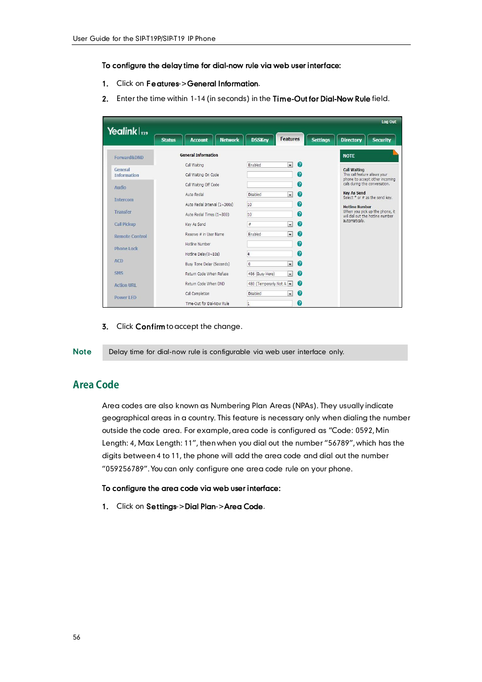 Area code | Yealink SIP-T19 User Manual | Page 66 / 126