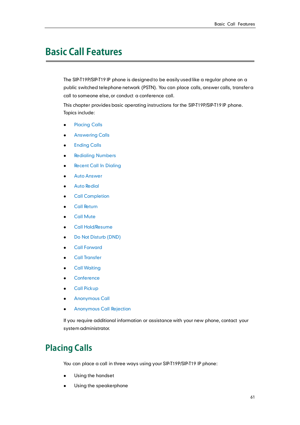 Basic call features, Placing calls | Yealink SIP-T19 User Manual | Page 71 / 126