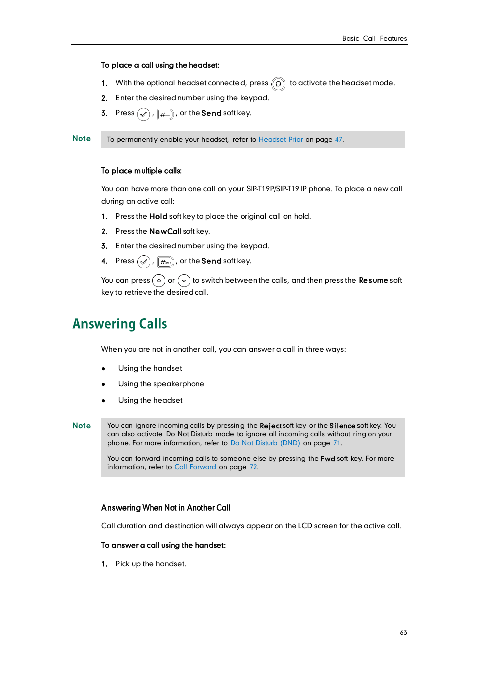 Answering calls | Yealink SIP-T19 User Manual | Page 73 / 126