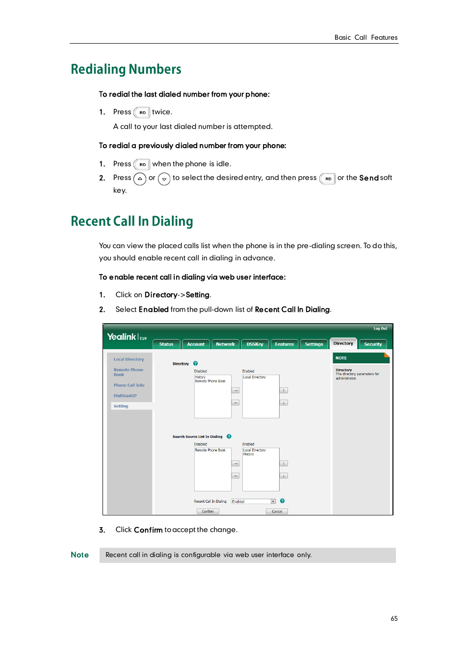 Redialing numbers, Recent call in dialing | Yealink SIP-T19 User Manual | Page 75 / 126