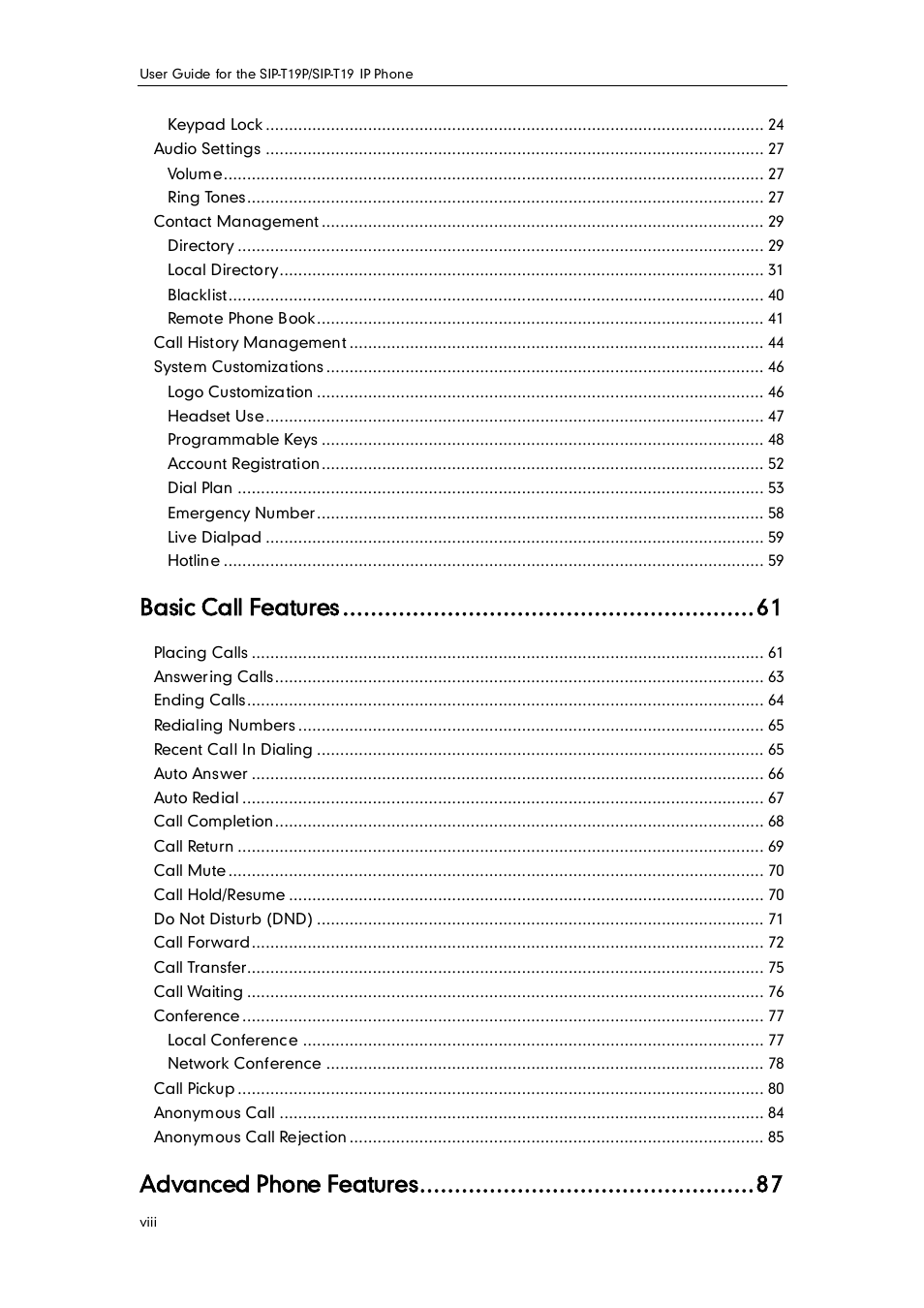 Basic call features, Advanced phone features | Yealink SIP-T19 User Manual | Page 8 / 126