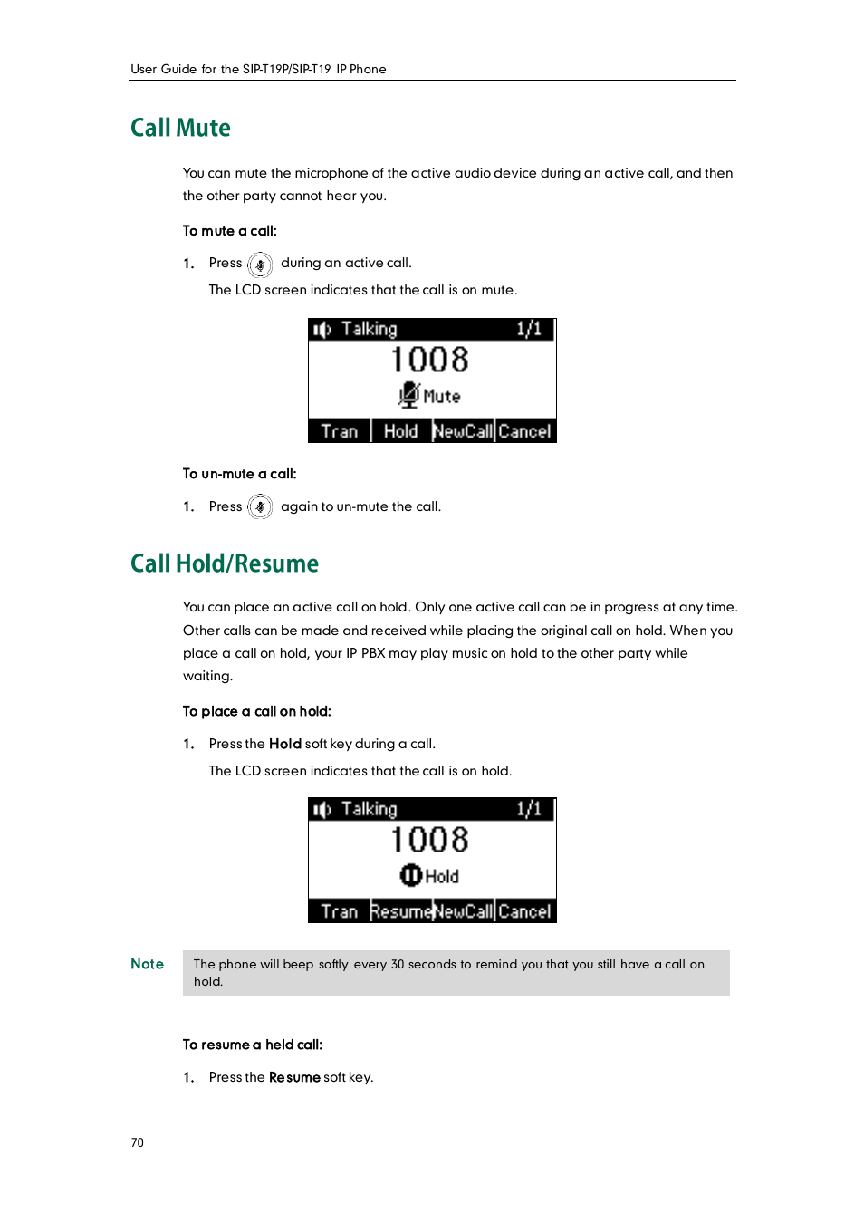 Call mute, Call hold/resume | Yealink SIP-T19 User Manual | Page 80 / 126