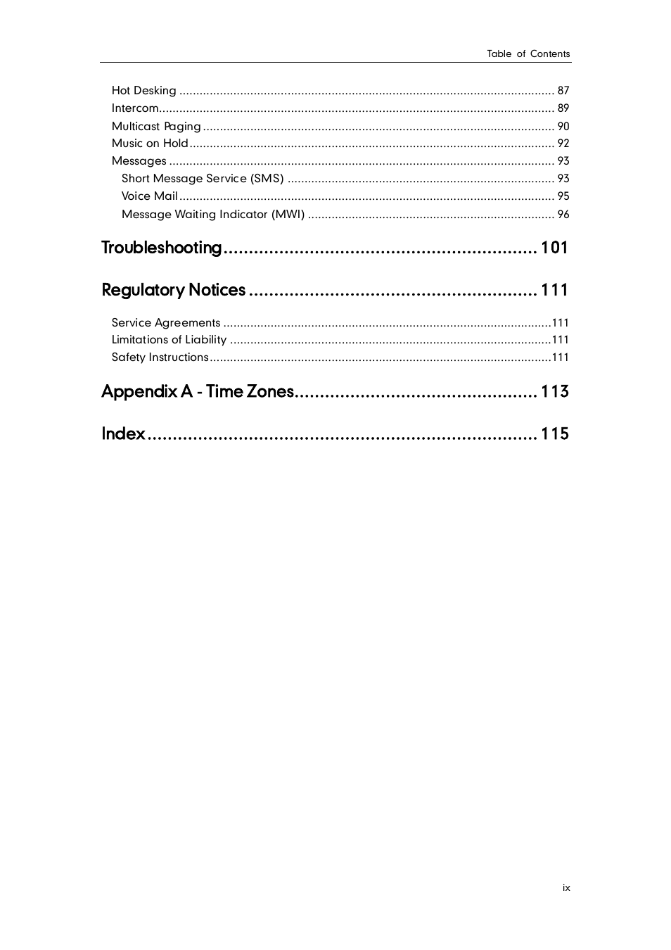 Troubleshooting, Regulatory notices, Appendix a - time zones | Index | Yealink SIP-T19 User Manual | Page 9 / 126