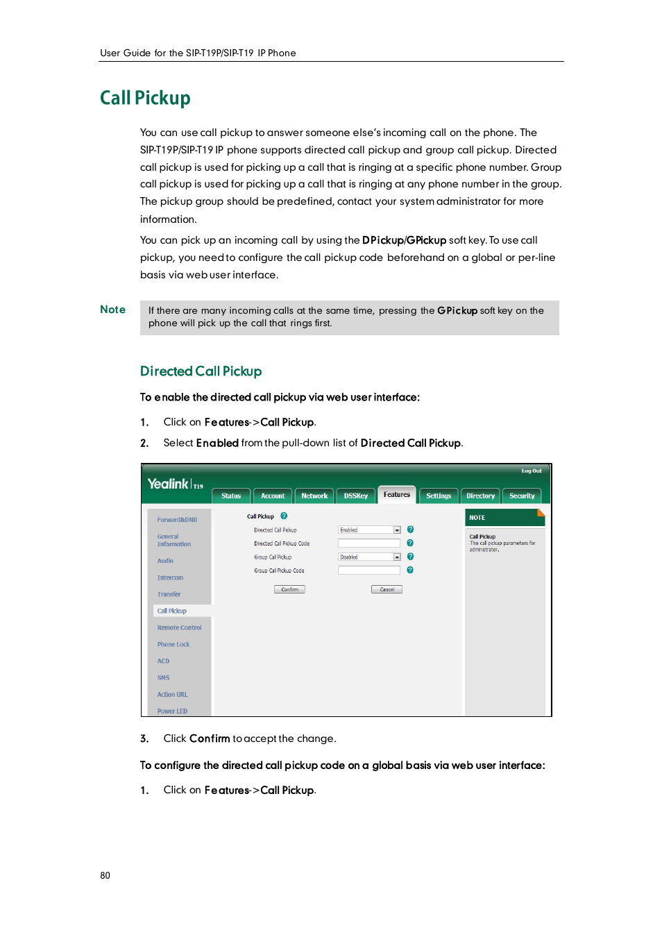 Call pickup, Directed call pickup | Yealink SIP-T19 User Manual | Page 90 / 126