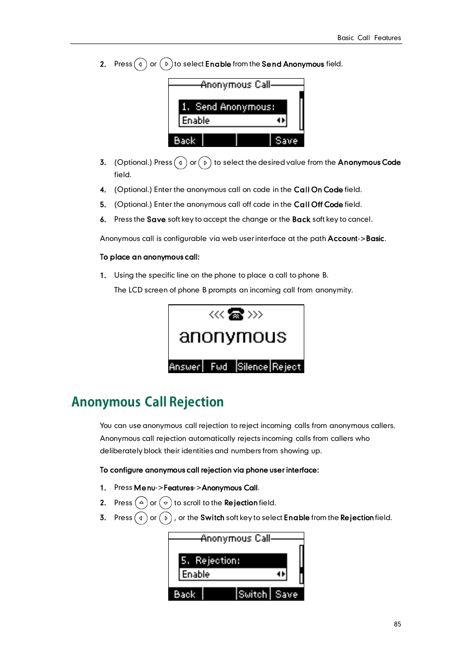 Anonymous call rejection | Yealink SIP-T19 User Manual | Page 95 / 126