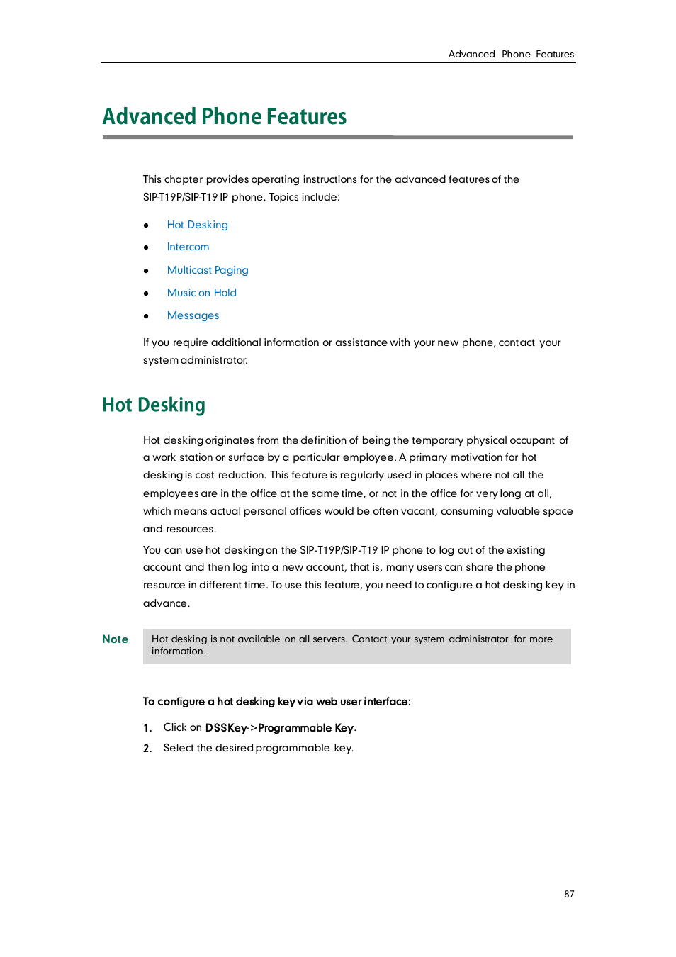 Advanced phone features, Hot desking | Yealink SIP-T19 User Manual | Page 97 / 126