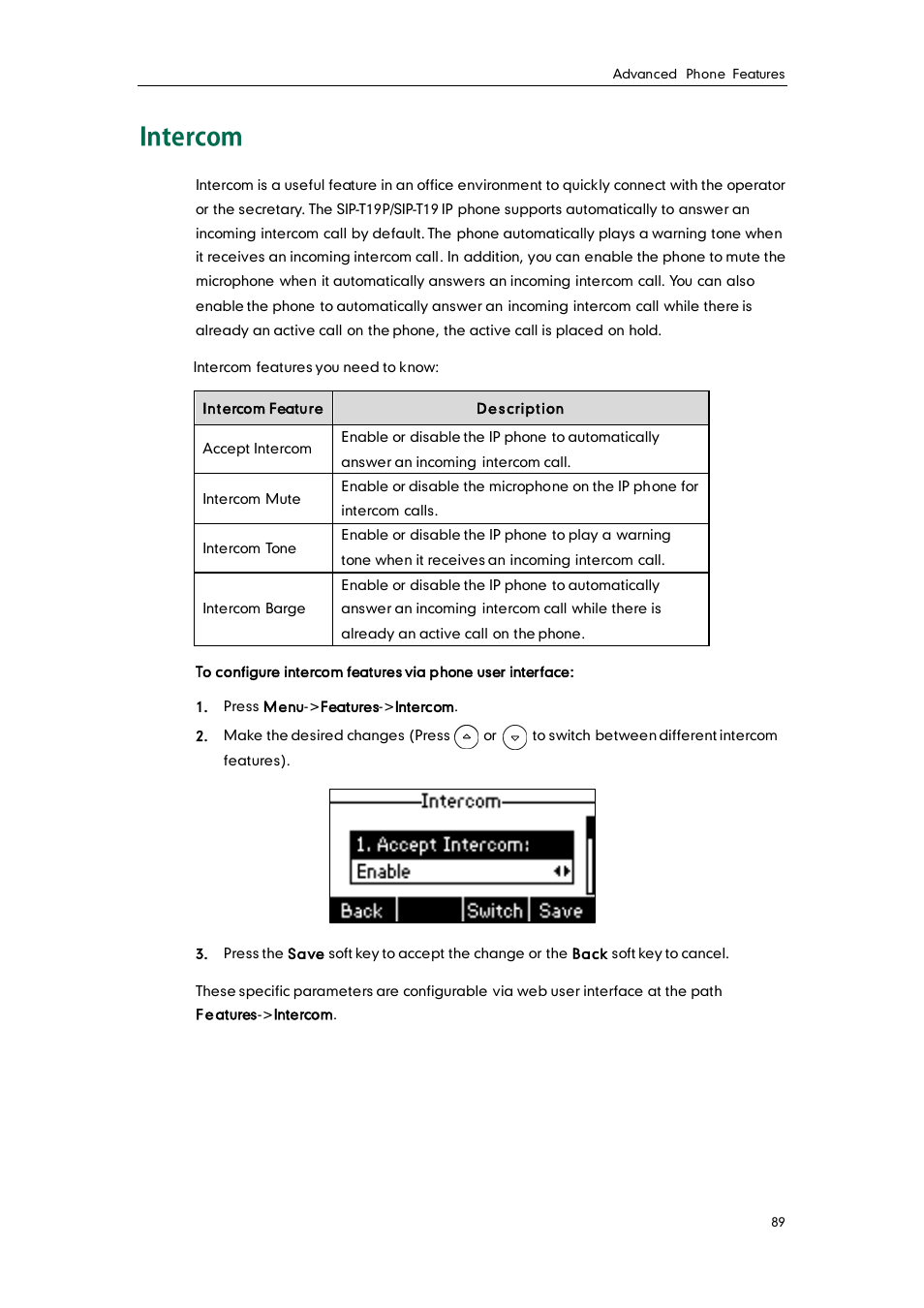 Intercom | Yealink SIP-T19 User Manual | Page 99 / 126