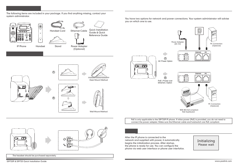 T20(2).pdf, Startup, Packaging contents assembling the phone | Initializing | Yealink SIP-T20 User Manual | Page 2 / 2