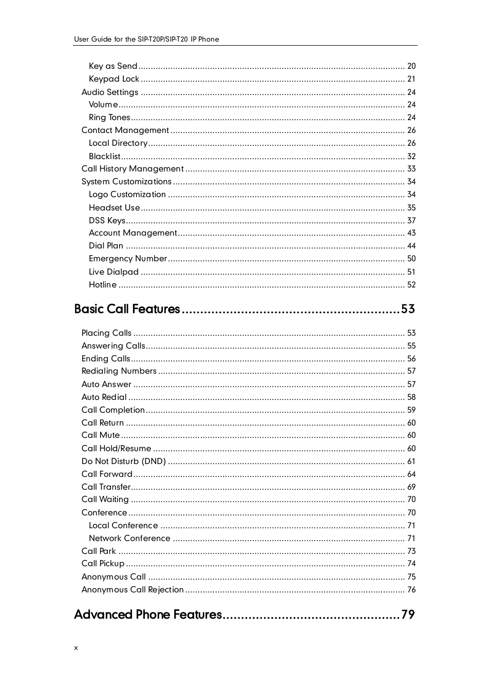 Basic call features, Advanced phone features | Yealink SIP-T20 User Manual | Page 10 / 126