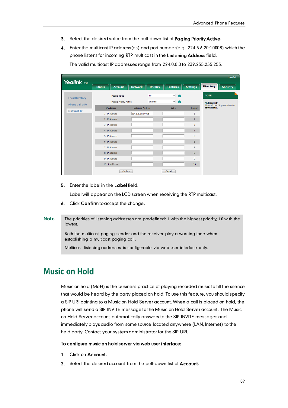 Music on hold | Yealink SIP-T20 User Manual | Page 101 / 126