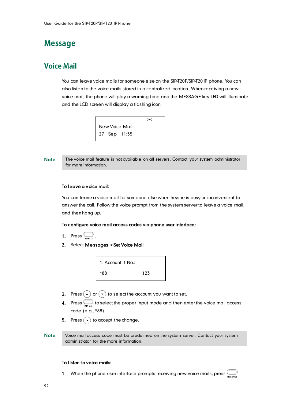 Message, Voice mail | Yealink SIP-T20 User Manual | Page 104 / 126