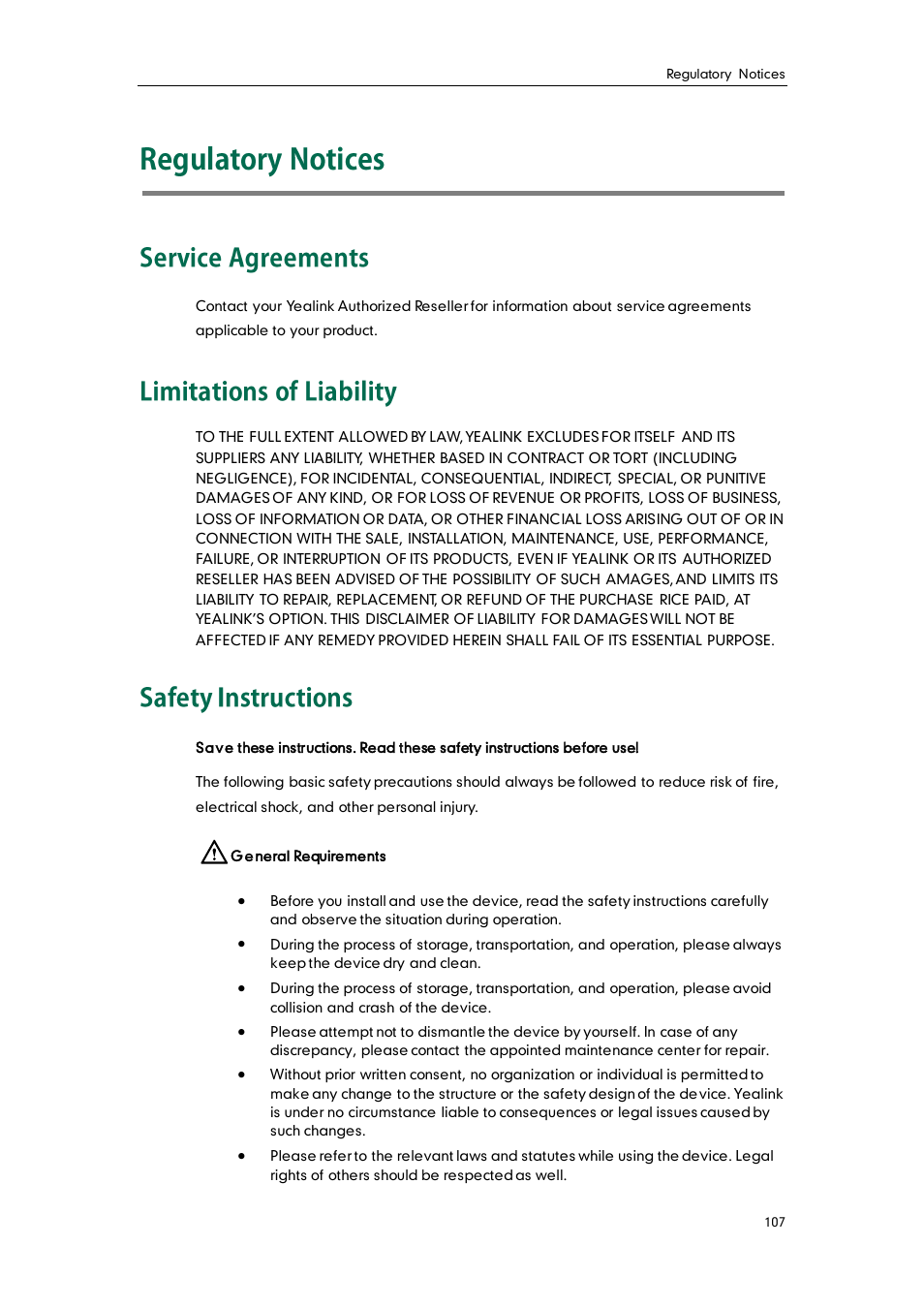 Regulatory notices, Service agreements, Limitations of liability | Safety instructions | Yealink SIP-T20 User Manual | Page 119 / 126