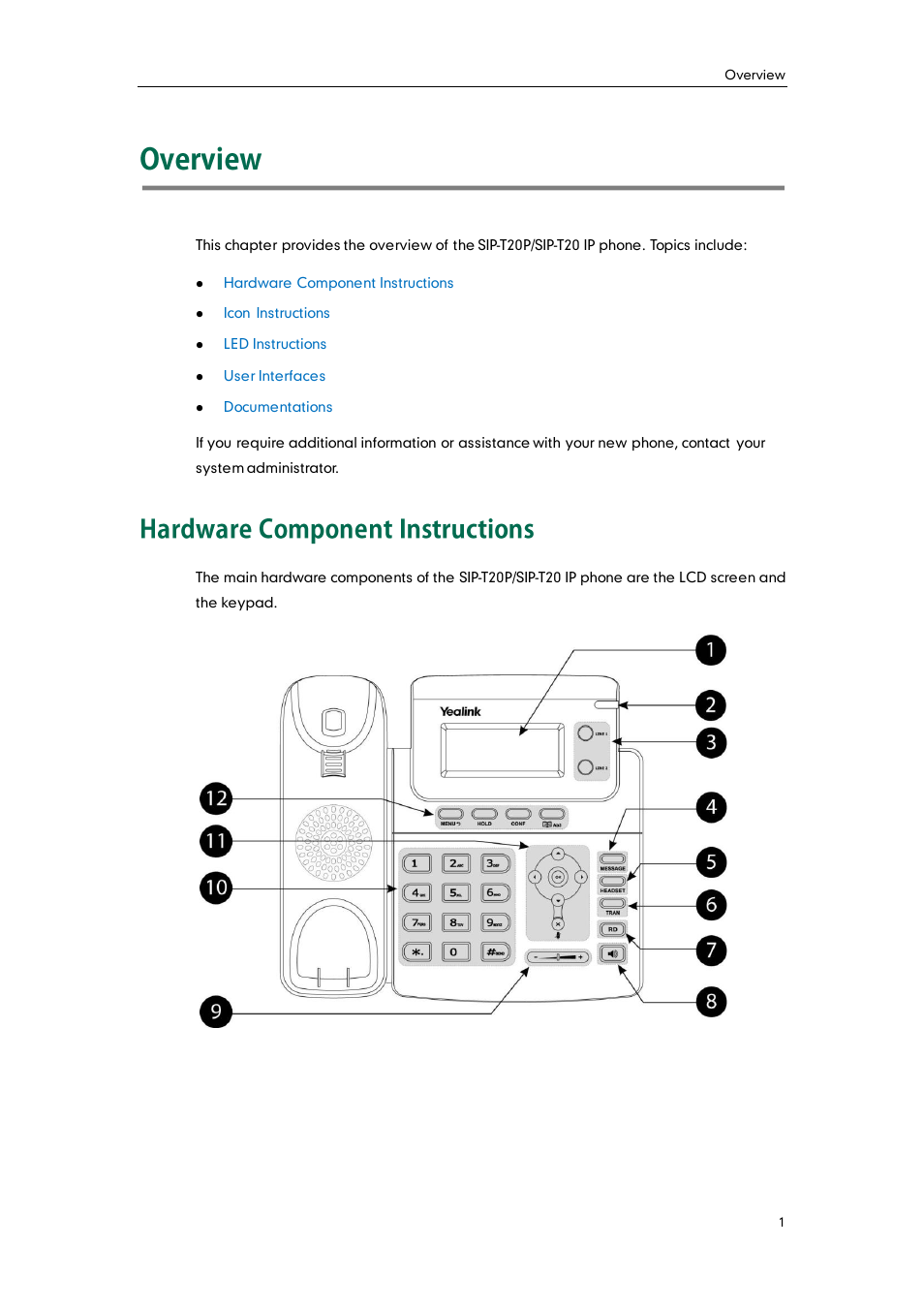 Overview, Hardware component instructions | Yealink SIP-T20 User Manual | Page 13 / 126