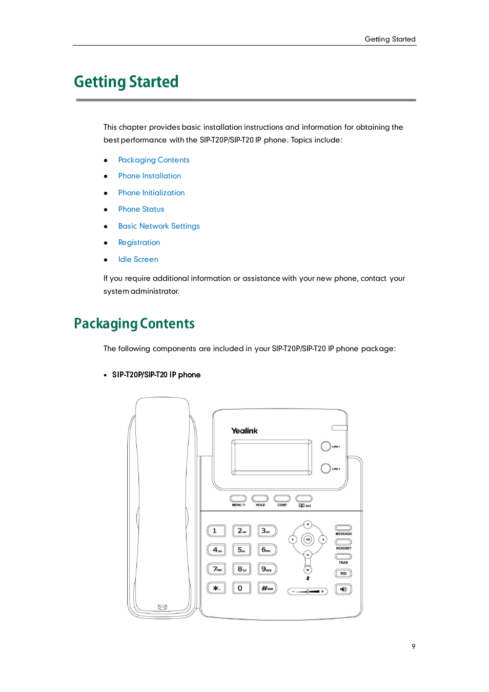 Getting started, Packaging contents | Yealink SIP-T20 User Manual | Page 21 / 126