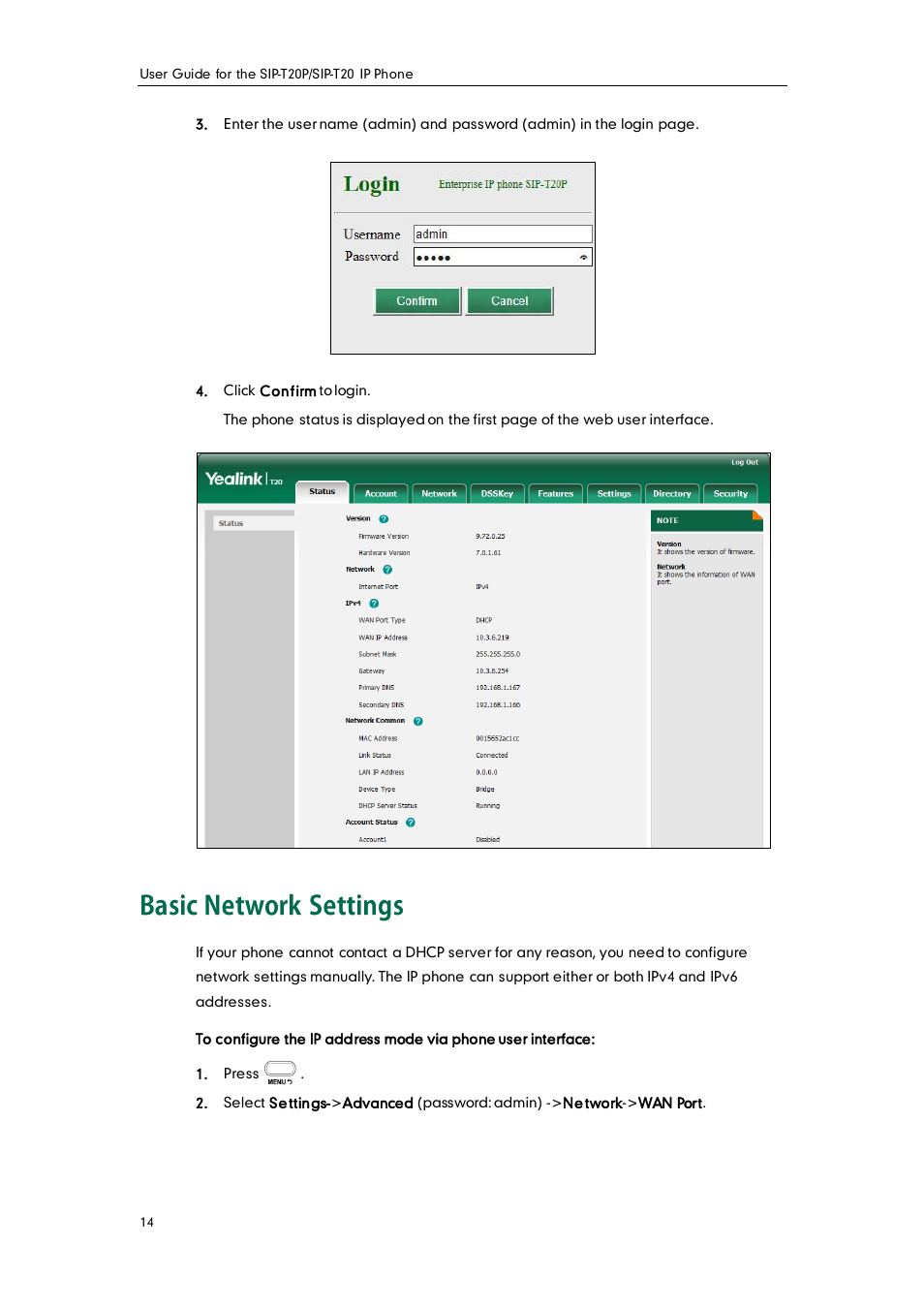 Basic network settings | Yealink SIP-T20 User Manual | Page 26 / 126