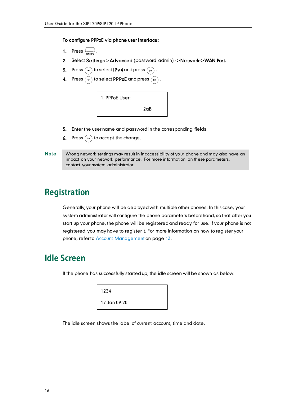 Registration, Idle screen | Yealink SIP-T20 User Manual | Page 28 / 126