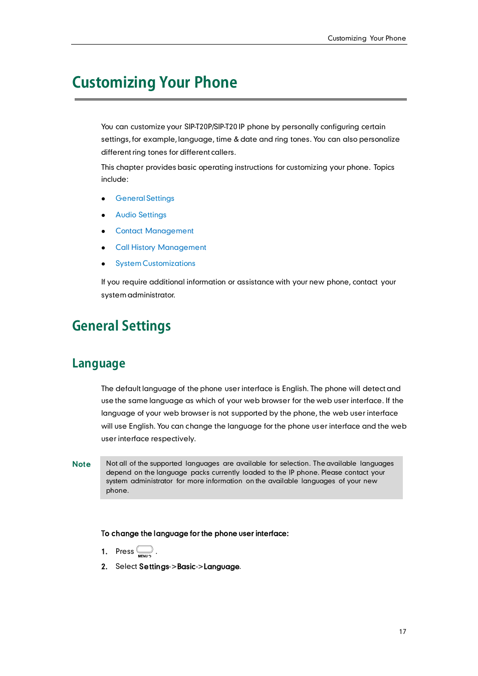 Customizing your phone, General settings, Language | Yealink SIP-T20 User Manual | Page 29 / 126