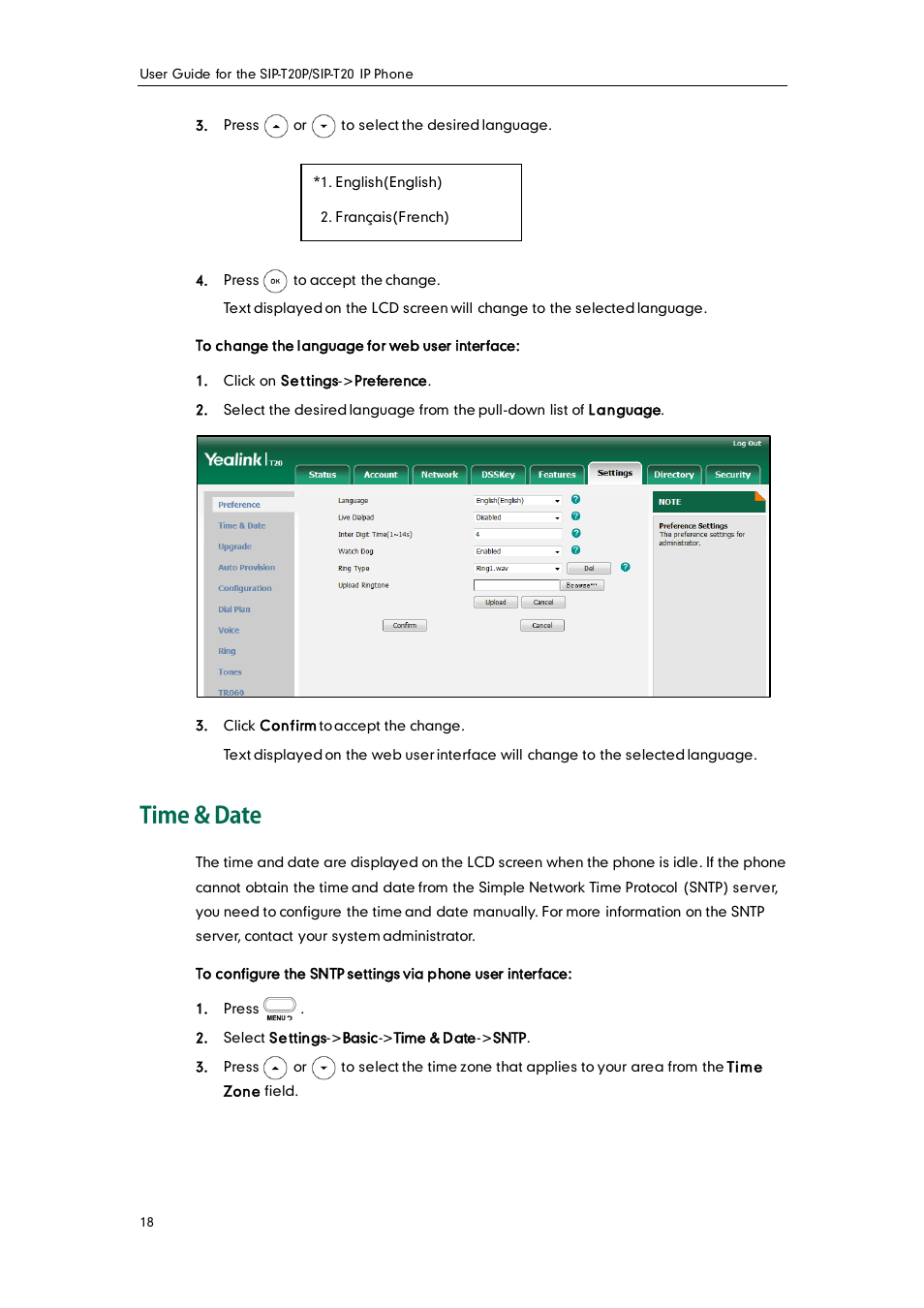 Time & date | Yealink SIP-T20 User Manual | Page 30 / 126