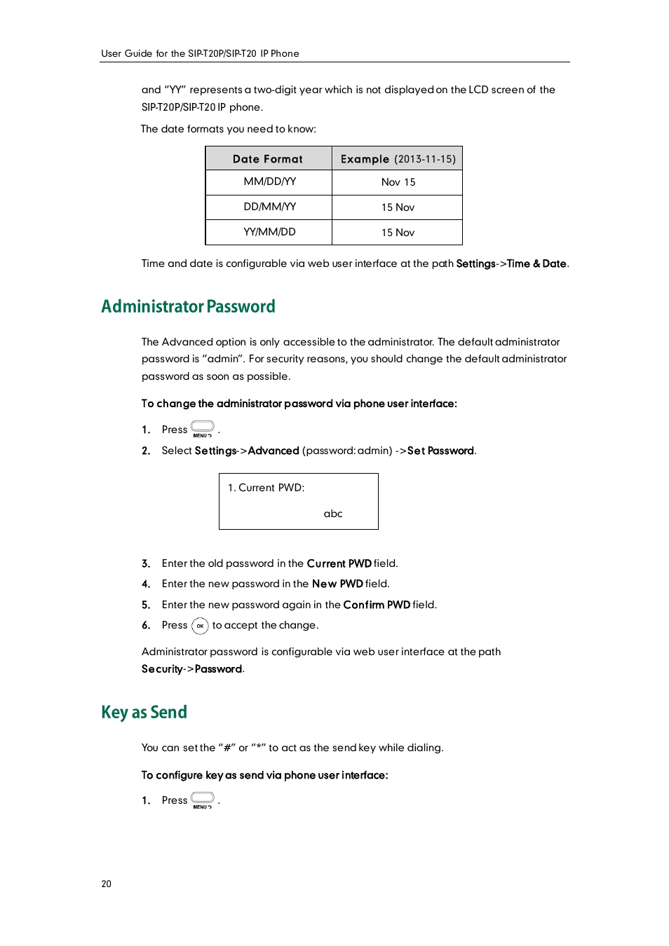 Administrator password, Key as send | Yealink SIP-T20 User Manual | Page 32 / 126
