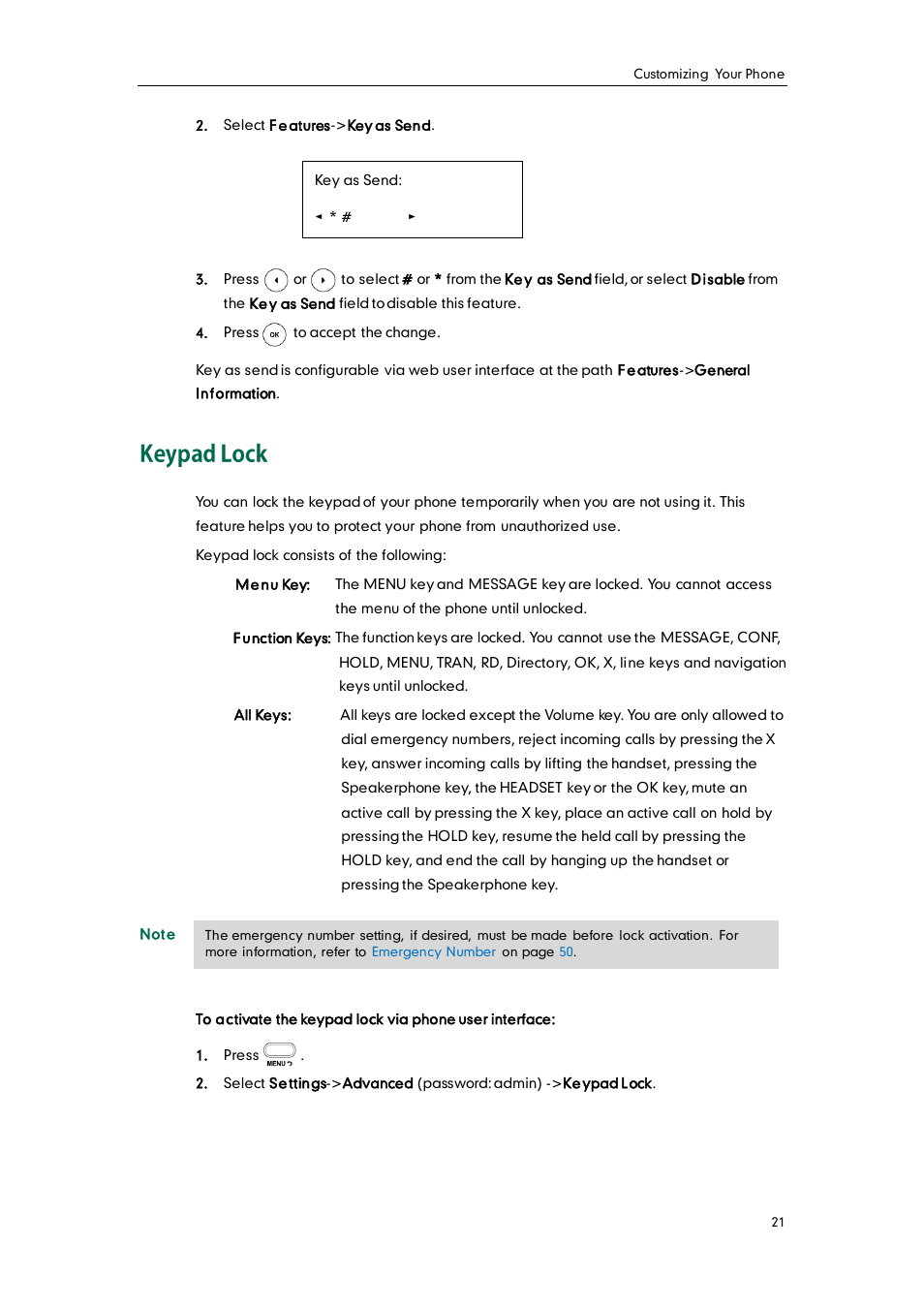 Keypad lock | Yealink SIP-T20 User Manual | Page 33 / 126