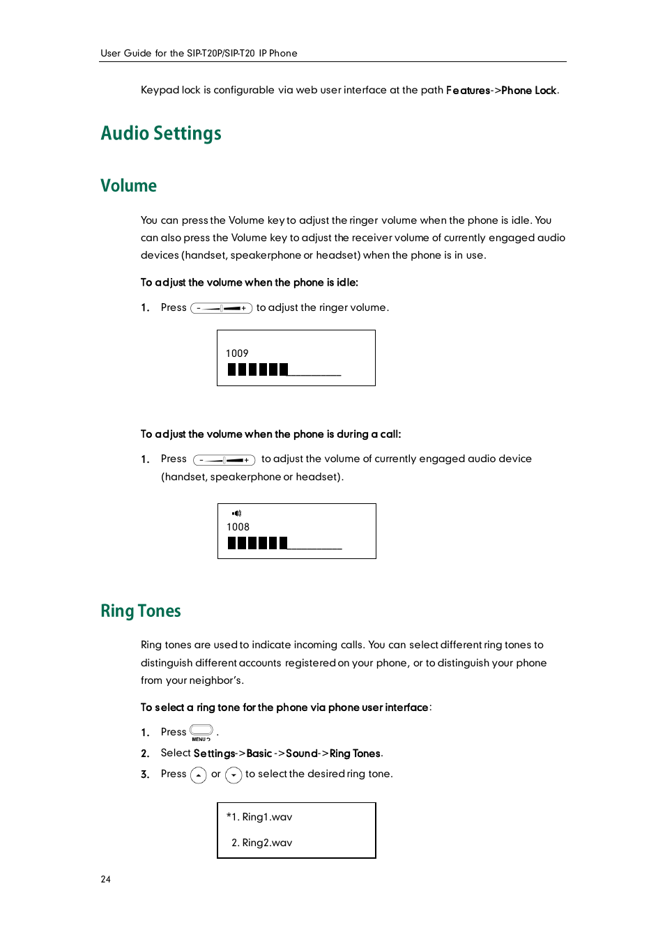 Audio settings, Volume, Ring tones | Yealink SIP-T20 User Manual | Page 36 / 126