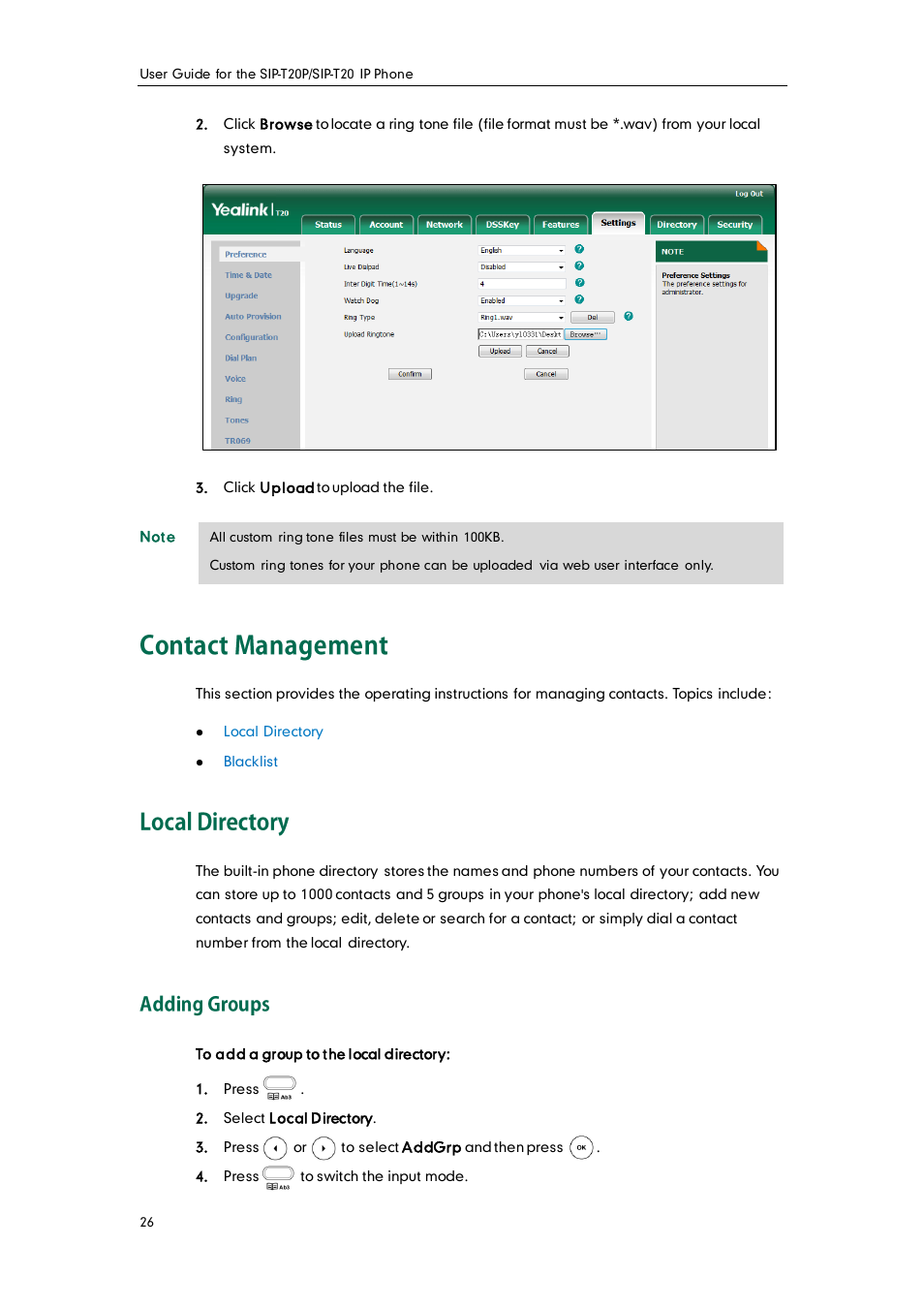 Contact management, Local directory, Adding groups | Yealink SIP-T20 User Manual | Page 38 / 126