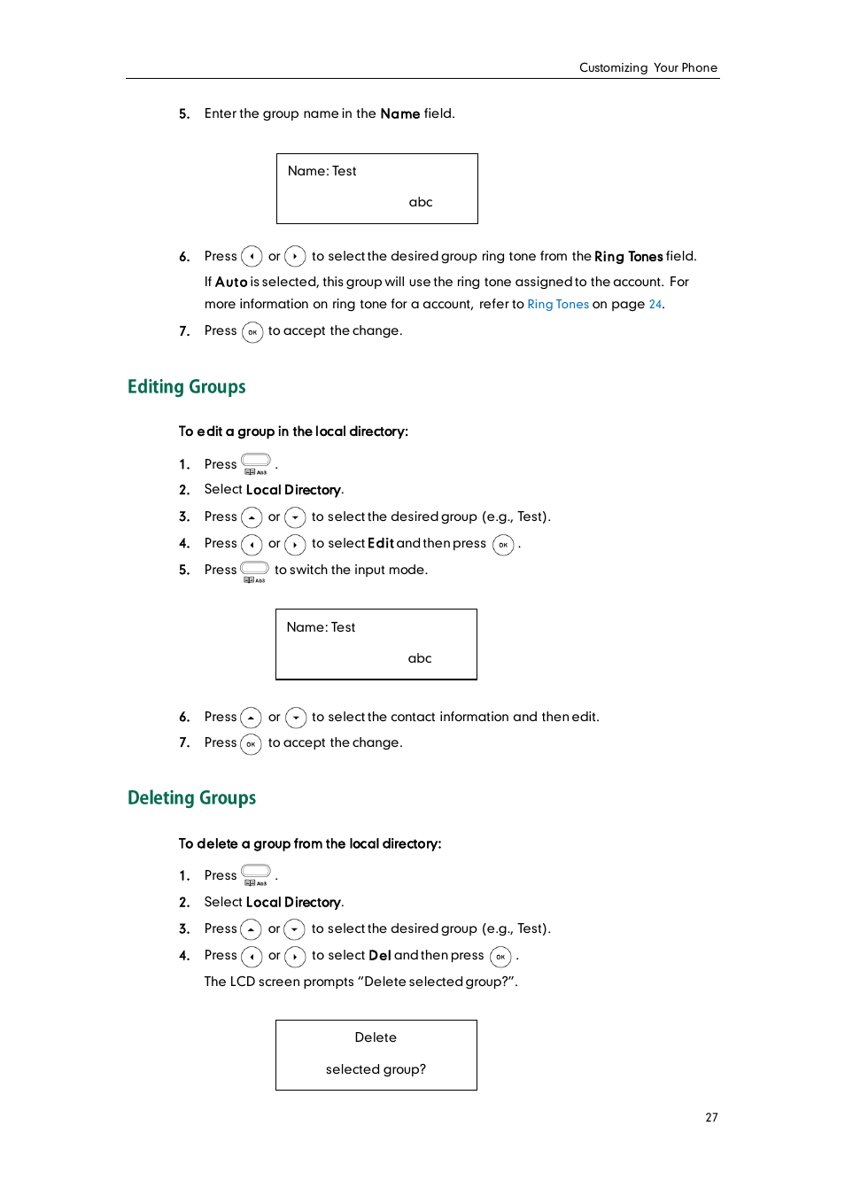Editing groups, Deleting groups | Yealink SIP-T20 User Manual | Page 39 / 126