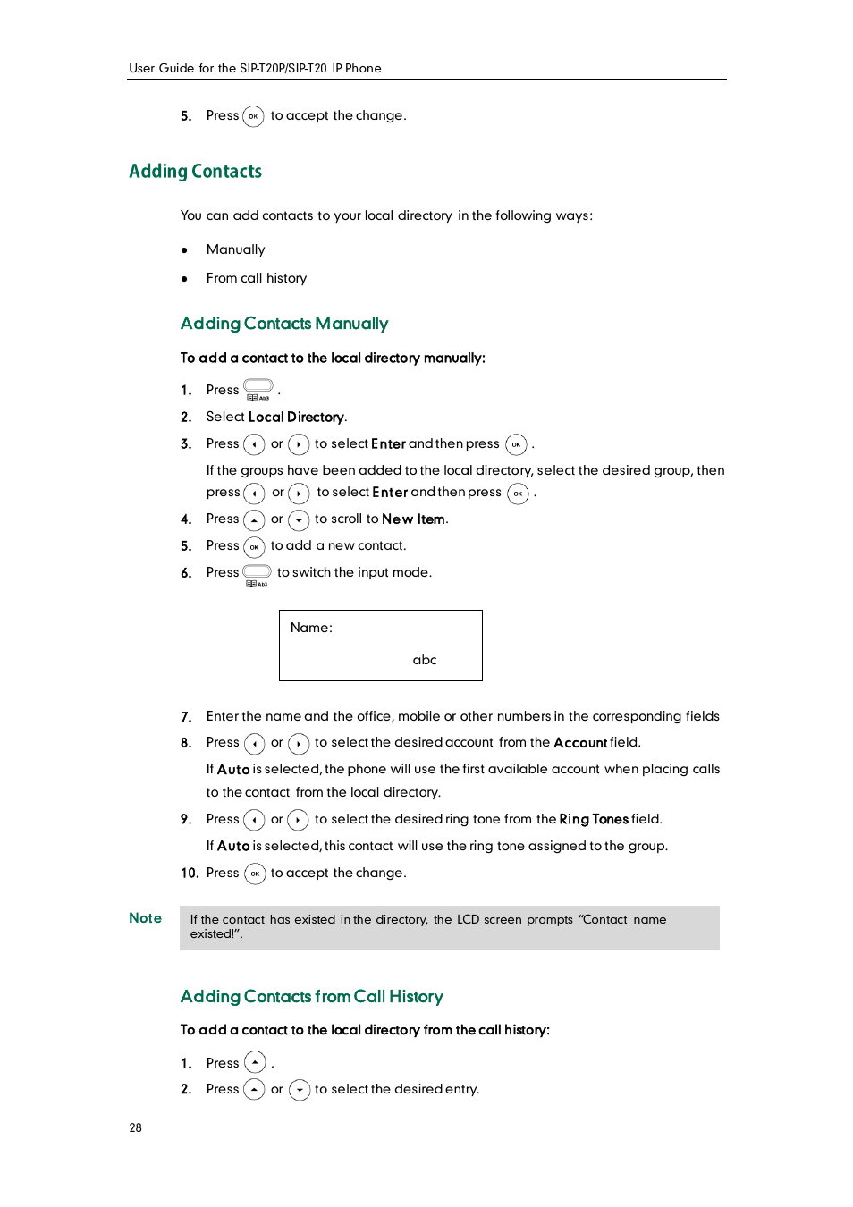 Adding contacts, Adding contacts manually, Adding contacts from call history | Yealink SIP-T20 User Manual | Page 40 / 126