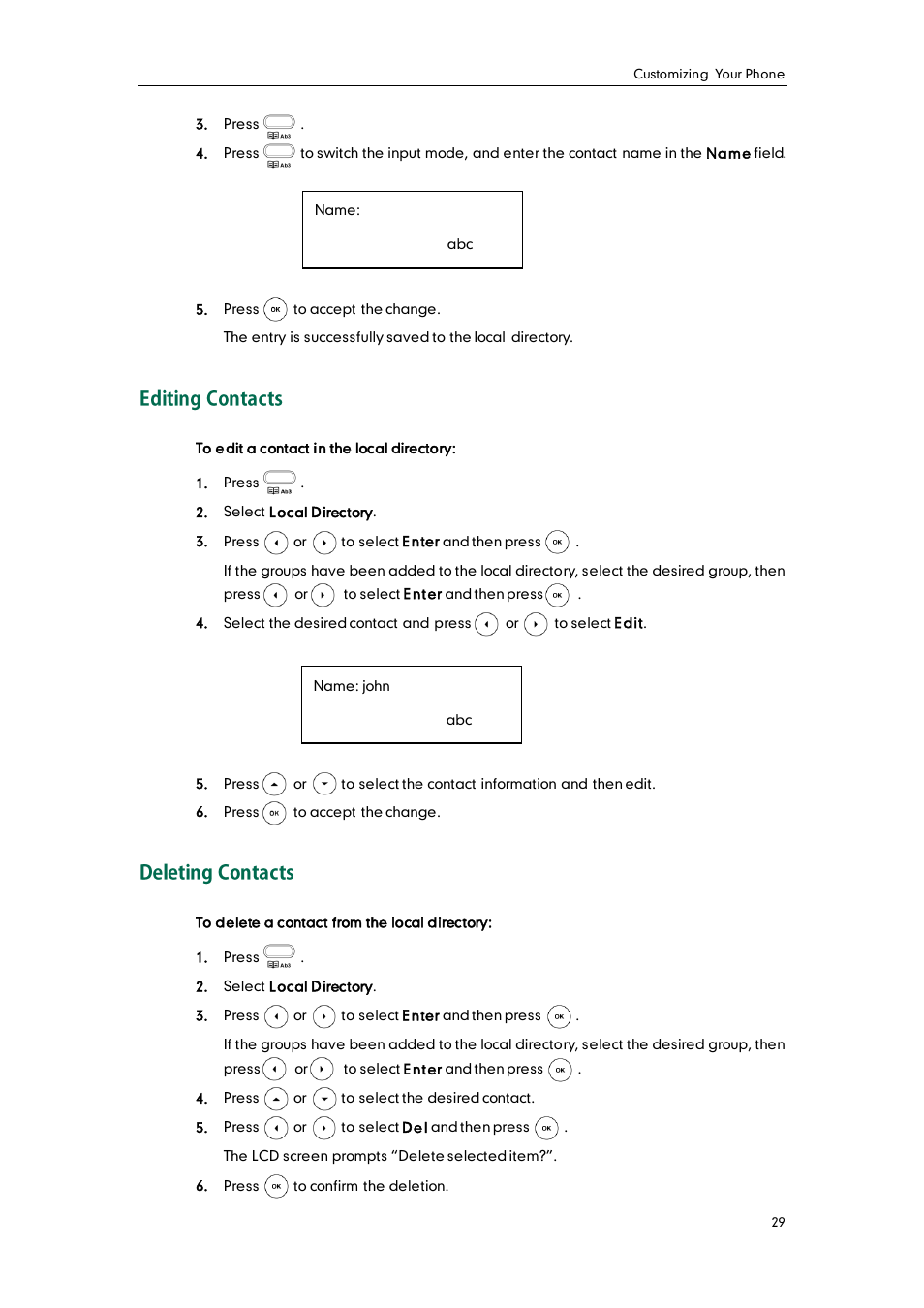 Editing contacts, Deleting contacts | Yealink SIP-T20 User Manual | Page 41 / 126