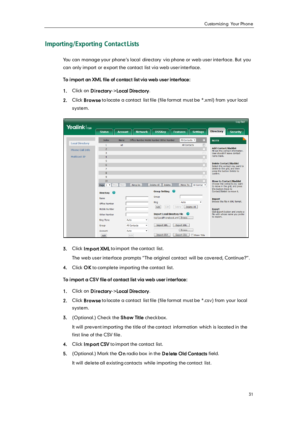 Importing/exporting contact lists | Yealink SIP-T20 User Manual | Page 43 / 126