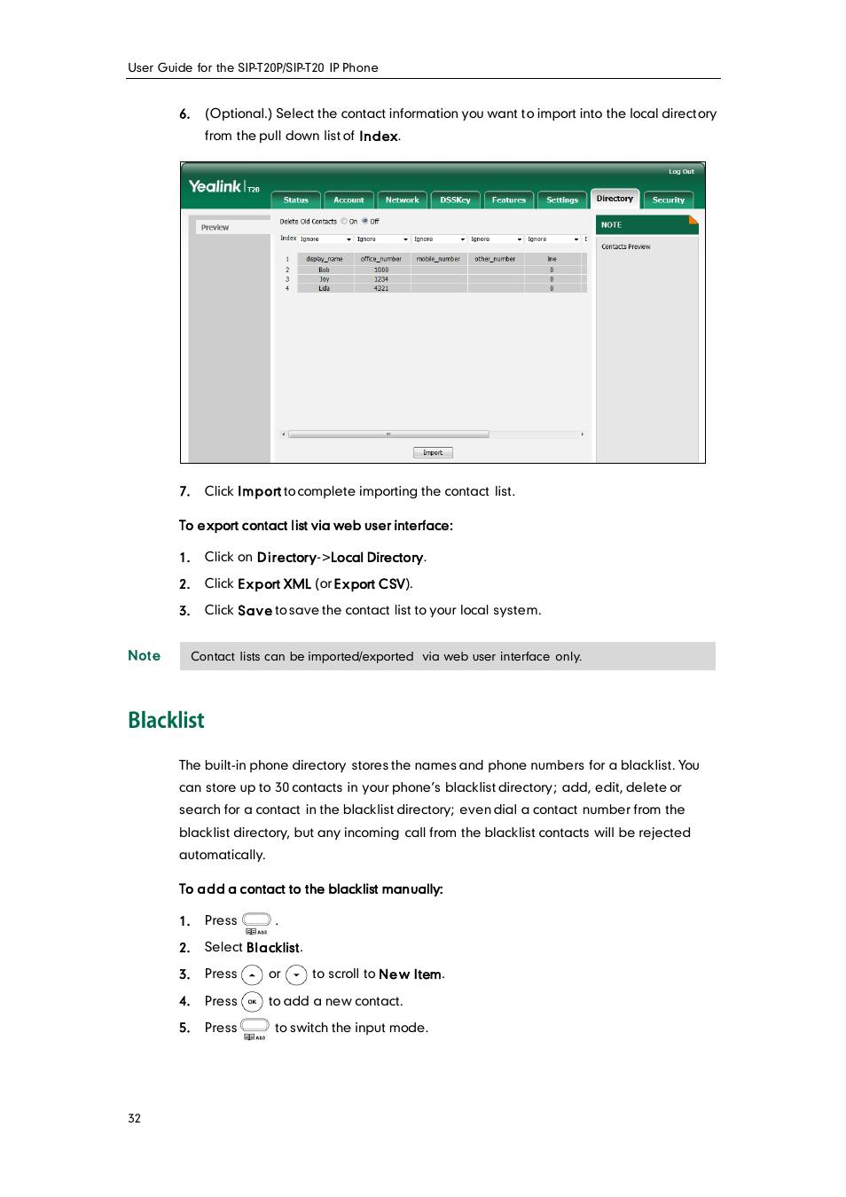 Blacklist | Yealink SIP-T20 User Manual | Page 44 / 126