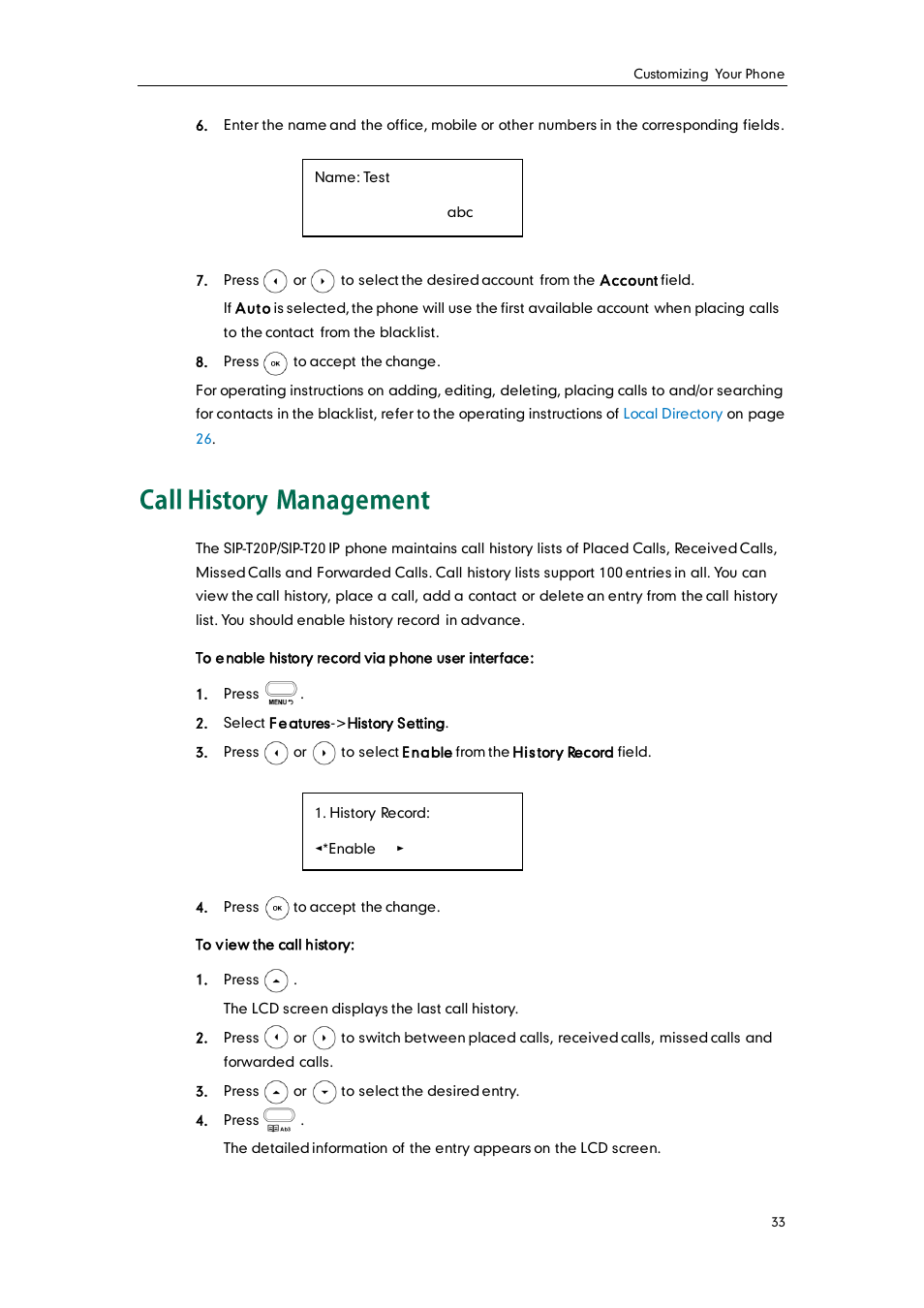 Call history management | Yealink SIP-T20 User Manual | Page 45 / 126