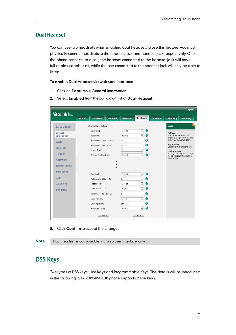 Dual headset, Dss keys | Yealink SIP-T20 User Manual | Page 49 / 126