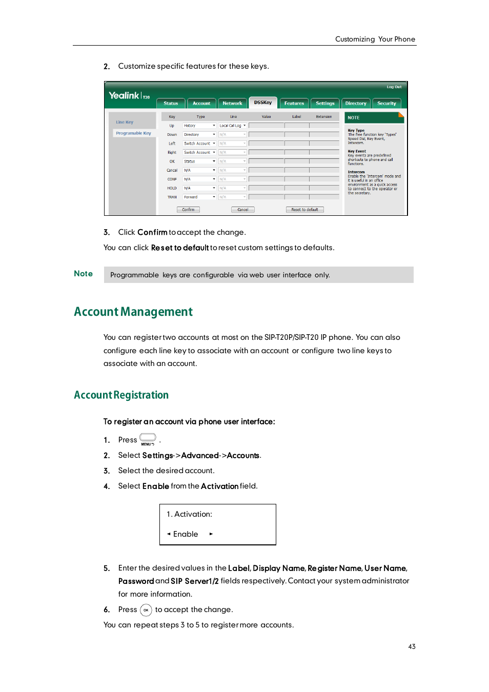 Account management, Account registration | Yealink SIP-T20 User Manual | Page 55 / 126