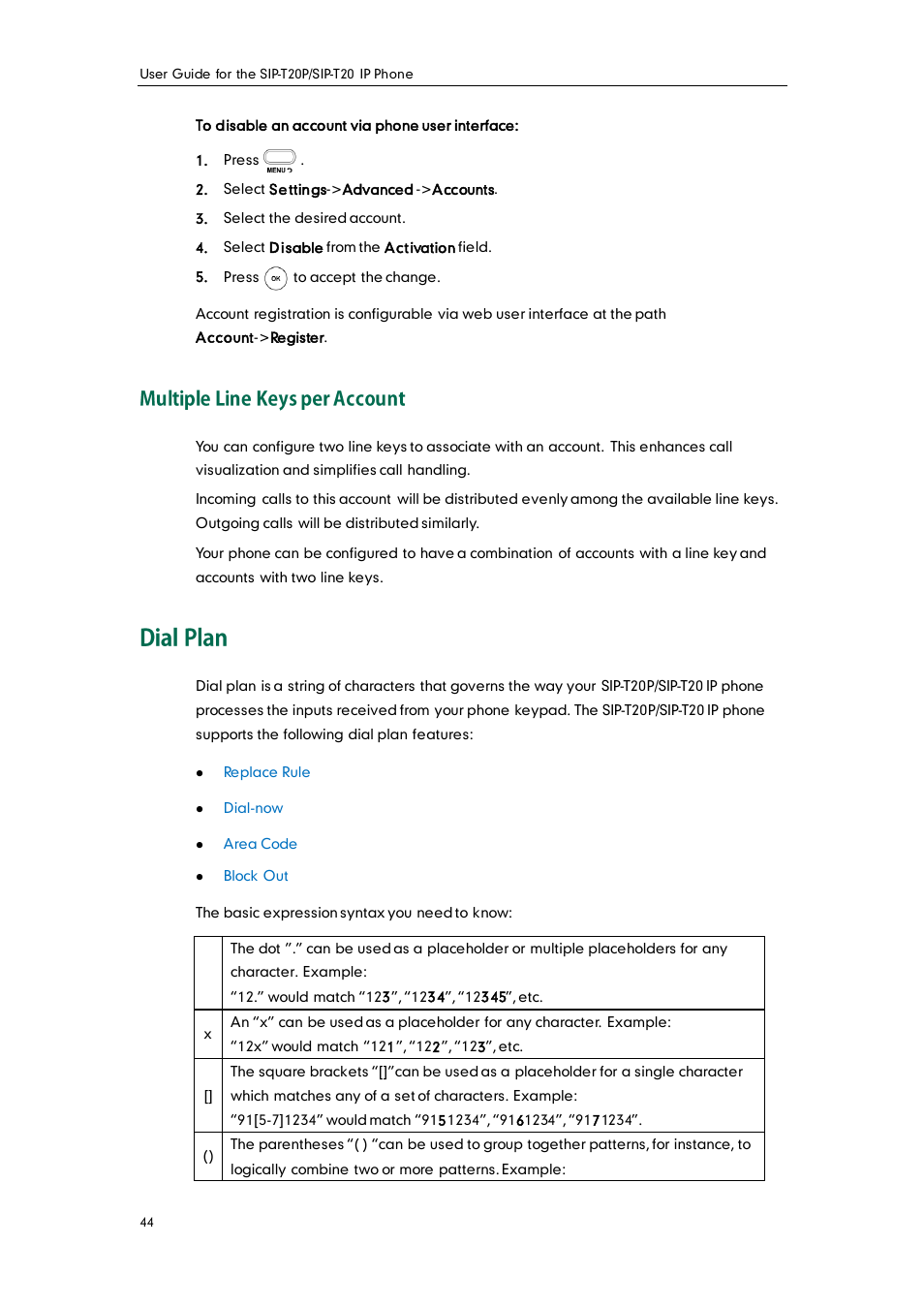 Multiple line keys per account, Dial plan | Yealink SIP-T20 User Manual | Page 56 / 126