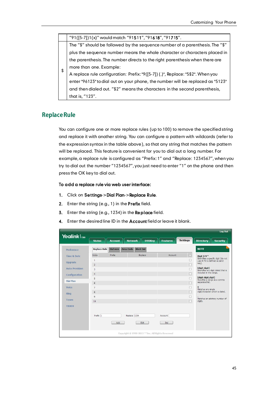 Replace rule | Yealink SIP-T20 User Manual | Page 57 / 126