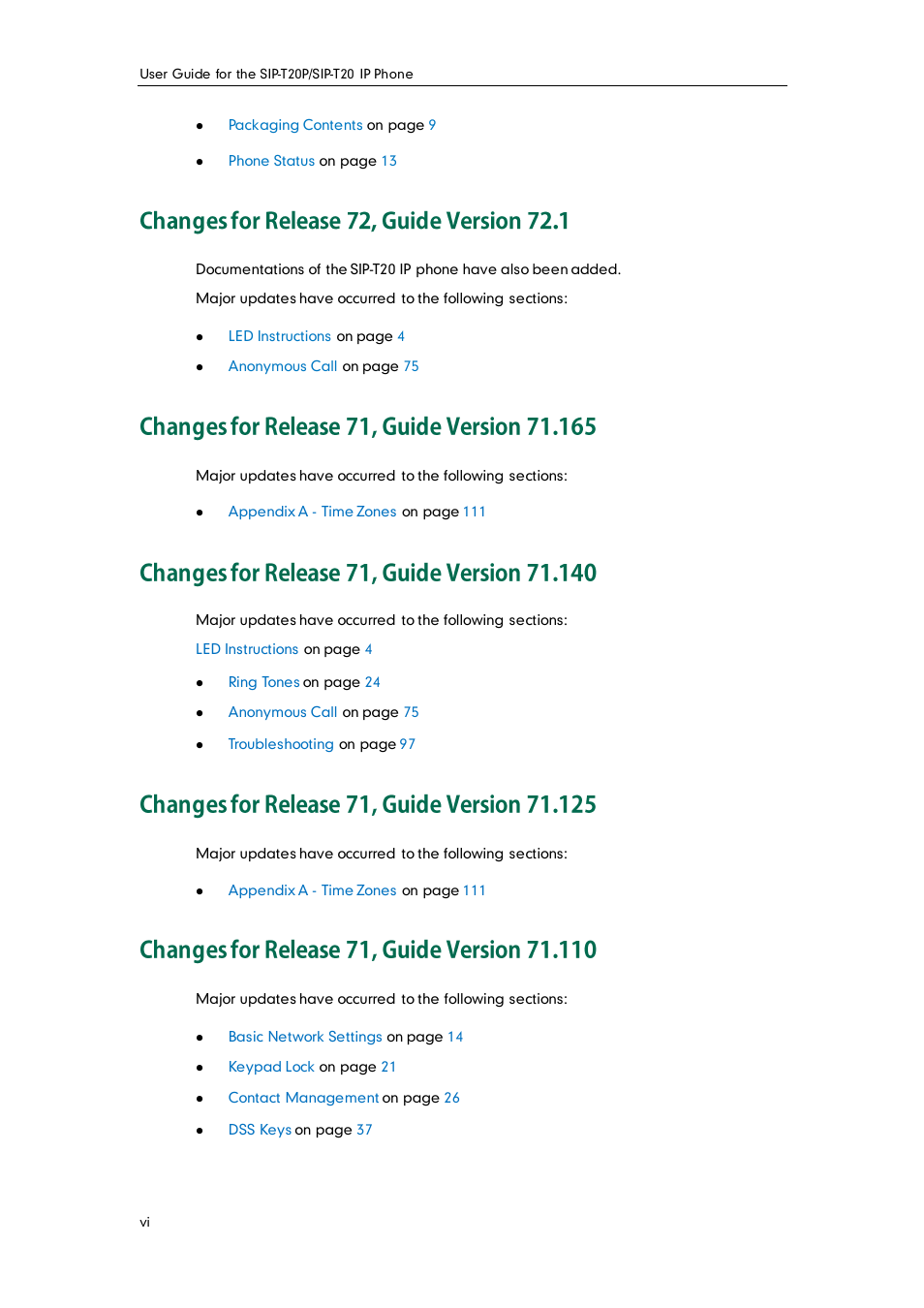 Changes for release 72, guide version 72.1, Changes for release 71, guide version 71.165, Changes for release 71, guide version 71.140 | Changes for release 71, guide version 71.125, Changes for release 71, guide version 71.110 | Yealink SIP-T20 User Manual | Page 6 / 126
