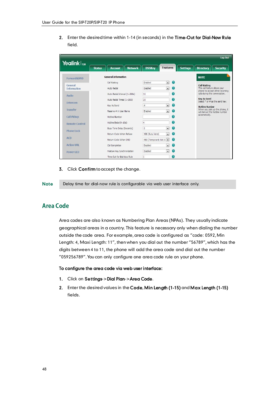 Area code | Yealink SIP-T20 User Manual | Page 60 / 126