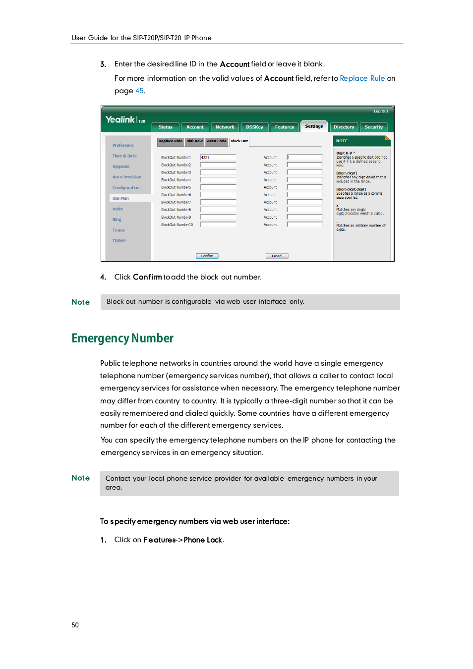 Emergency number | Yealink SIP-T20 User Manual | Page 62 / 126