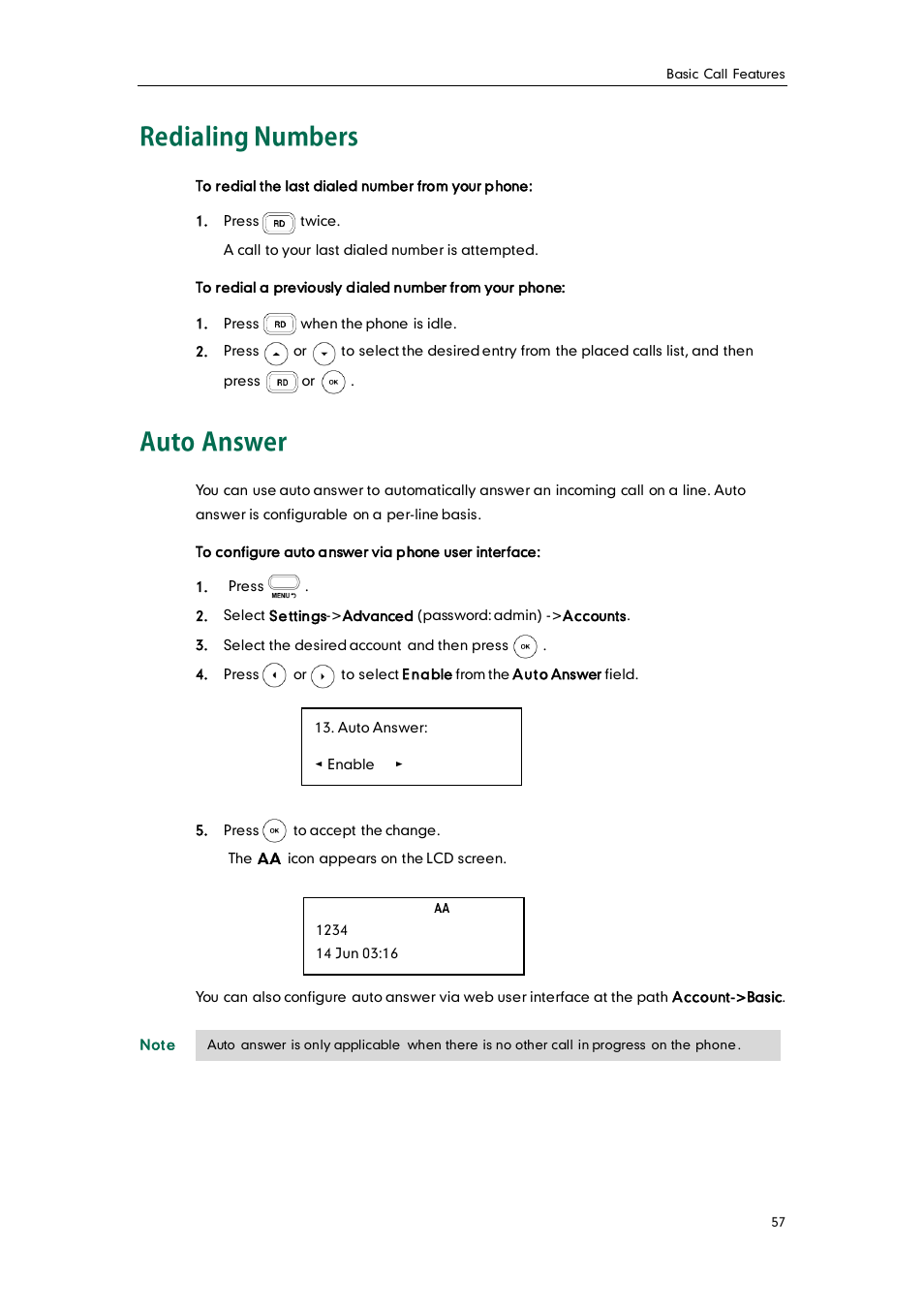 Redialing numbers, Auto answer | Yealink SIP-T20 User Manual | Page 69 / 126
