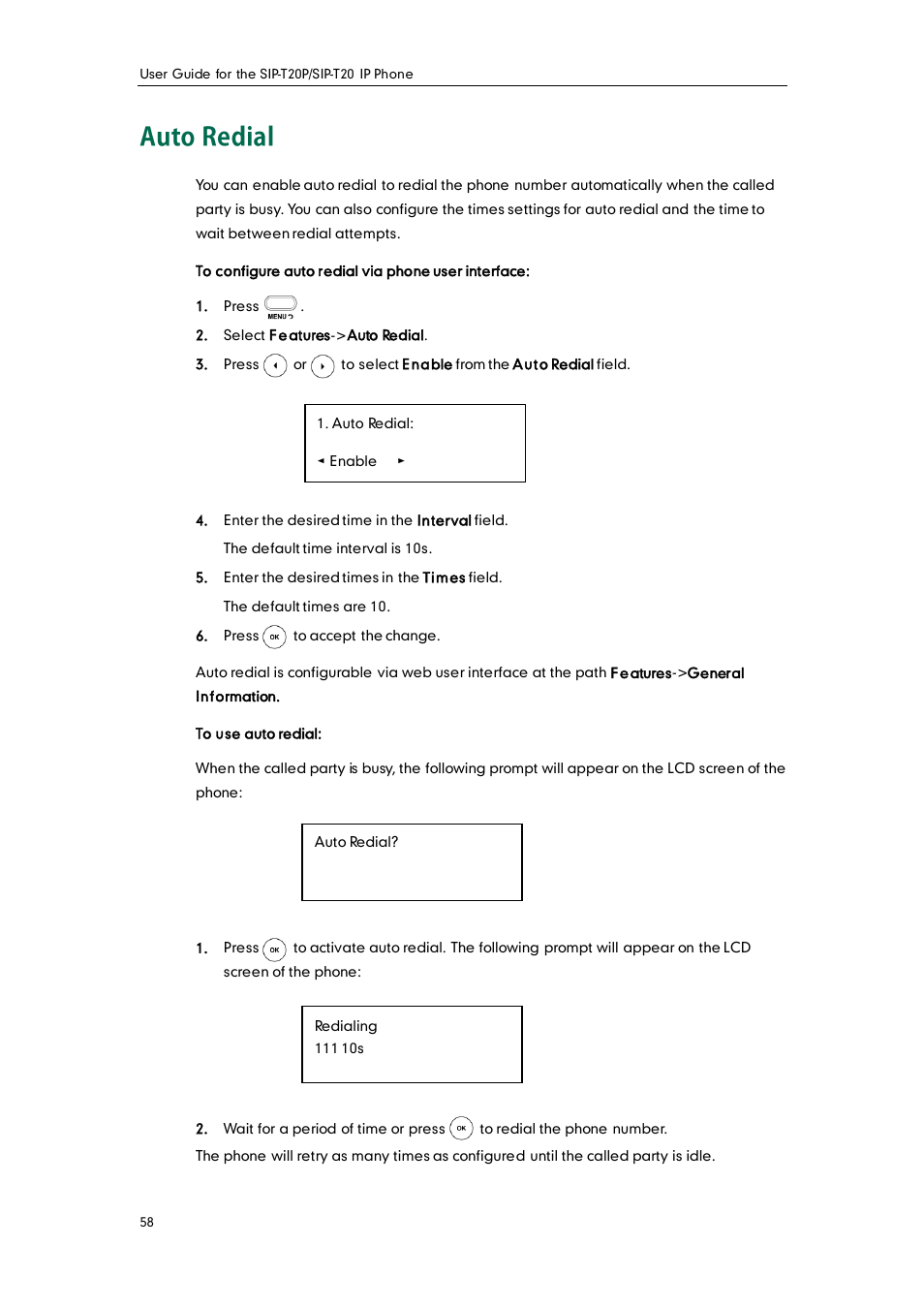 Auto redial | Yealink SIP-T20 User Manual | Page 70 / 126